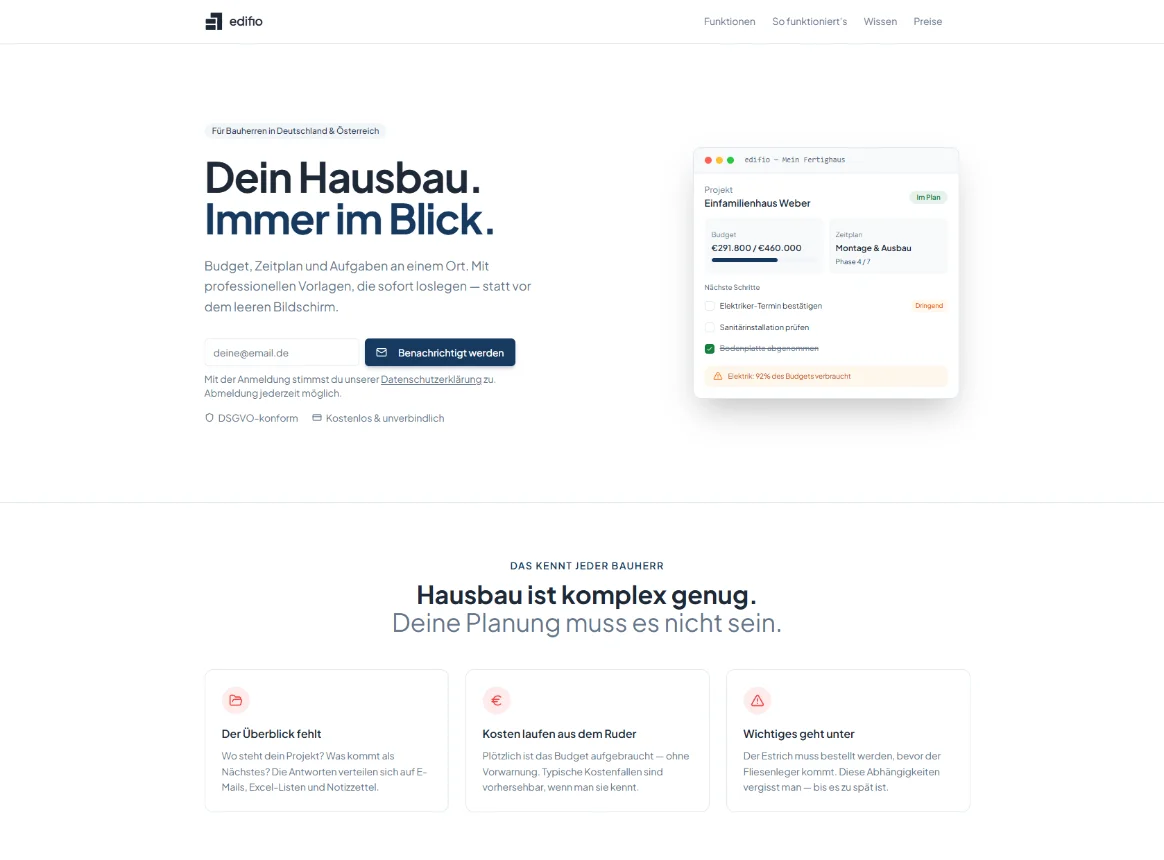 Screenshot der Landingpage Edifio
